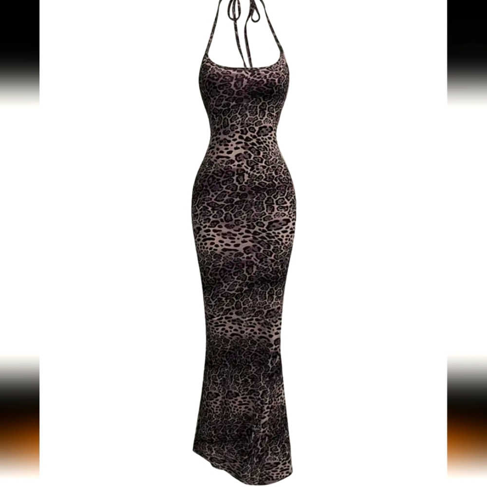 Leopard Print Halter Maxi Dress